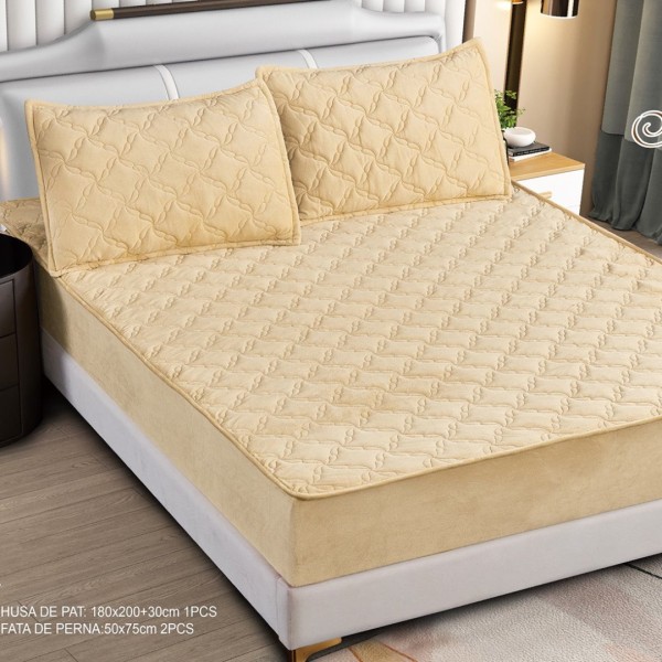 Husă Matlasată Tip Topper din Catifea 180x200cm, cu 2 Fețe de Pernă 50x70cm -  Somn Odihnitor și Susținere pentru Spate, Bej [1]