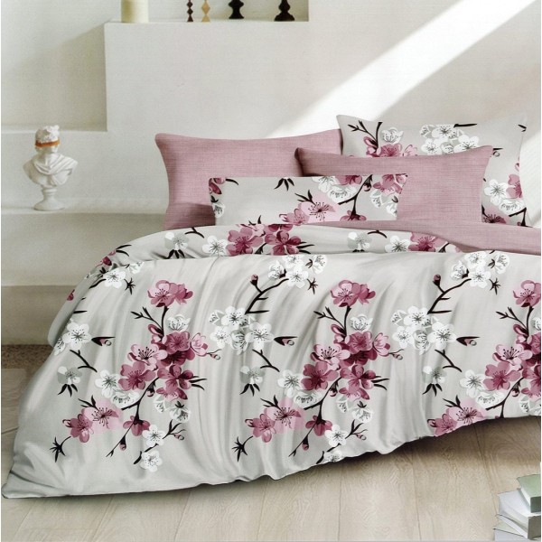 Lenjerie pat dublu,  FINET, 6 piese, Roz, flori de cires [1]