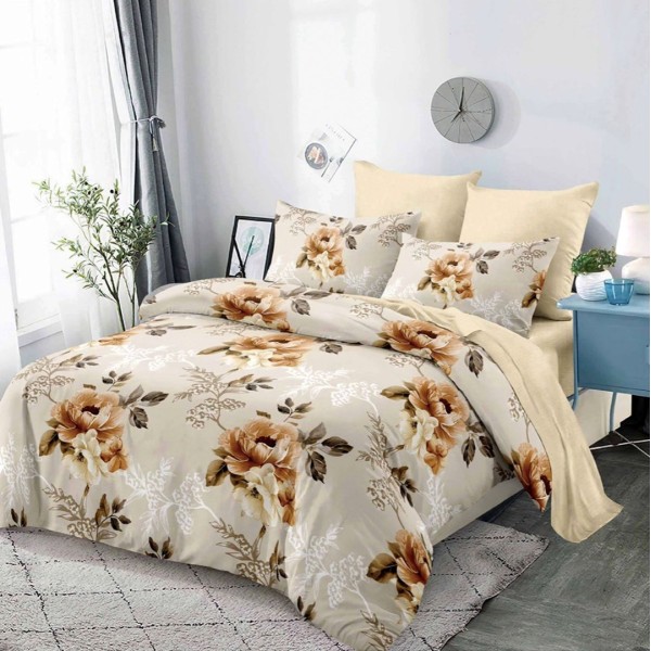 Lenjerie pat dublu,  FINET, cu elastic, 6 piese, Bej, flori [1]