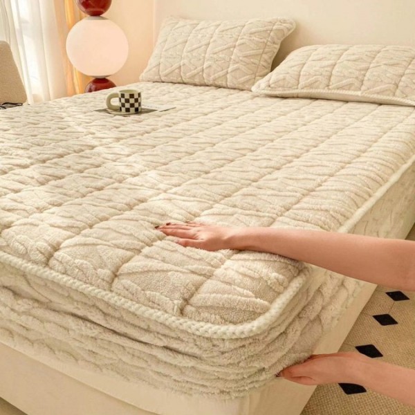 Husa Topper Cocolino Matlasata 140x200cm cu Elastic și Două Fețe de Pernă 50x70cm, model Tricotat , cu bordura, crem [1]