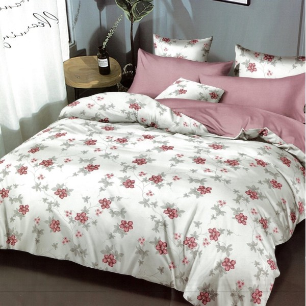 Lenjerie pat dublu,  FINET, 6 piese, Gri-Roz, flori [1]