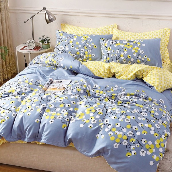 Lenjerie pat 140x200cm, 4 piese, cu ELASTIC,  Bleu, floricele [1]