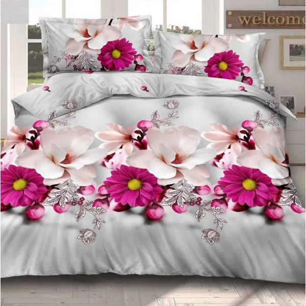 Lenjerie pat dublu (140x200cm, 160x200cm, 180x200cm), cearsaf clasic, imprimeu 3D, Gri-Roz, flori [1]