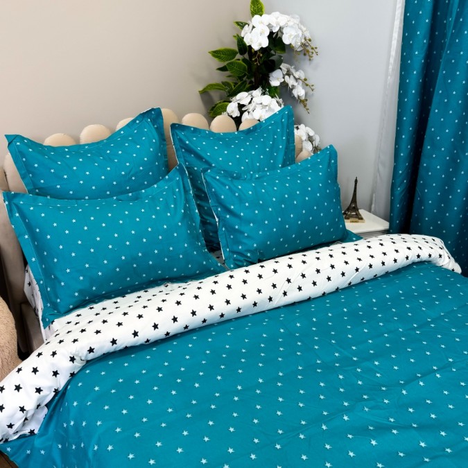 Lenjerie pat dublu, BUMBAC FINET, 8 piese, cu 2 DRAPERII INCLUSE, Turquoise, Alb, stelute