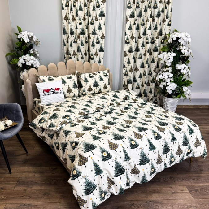 Set Lenjerie Pat Dublu Crăciun 4 Piese + 2 Draperii 150x235cm din Bumbac Ranforsat – Confort și Eleganță, Fabricat în România, Crem, Verde, Brazi