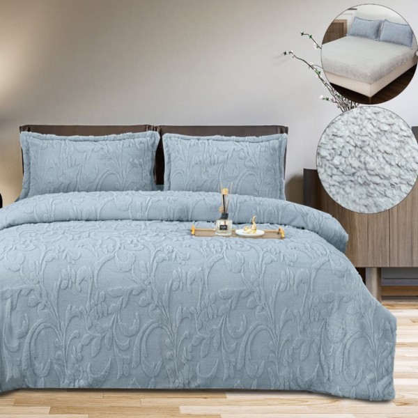 Lenjerie de pat dublu, Luxoasa si Super Pufoasa CoCoLiNo 3D, cu Blanita Sherpa, 4 Piese, Cearsaf cu Elastic – Microfibra Plusata, Caldura si Stil pentru Dormitorul Tau, Floral print, Bleu [1]