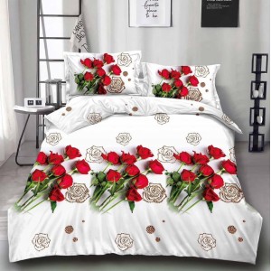 Lenjerie pat dublu (140x200cm, 160x200cm, 180x200cm), cearsaf clasic, imprimeu 3D, Rosu, trandafiri
