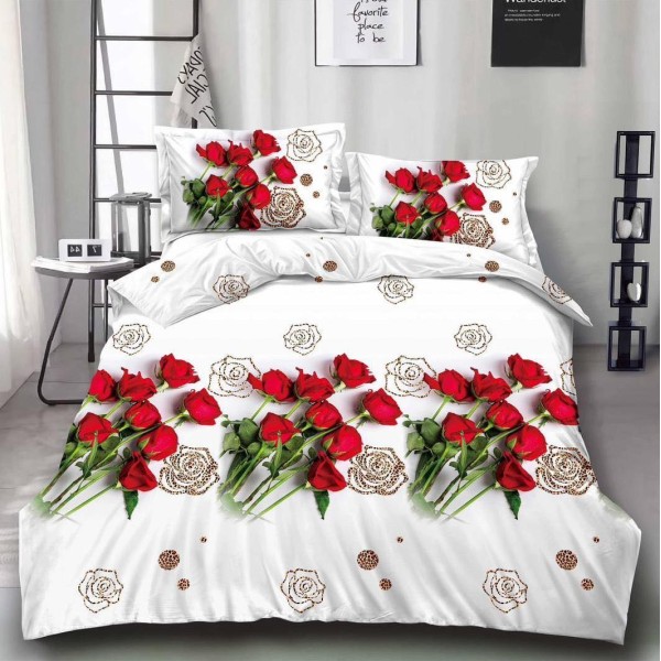 Lenjerie pat dublu (140x200cm, 160x200cm, 180x200cm), cearsaf clasic, imprimeu 3D, Rosu, trandafiri [1]
