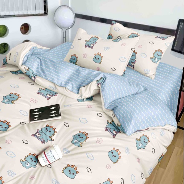 Lenjerie pat 1 PERSOANA,  FINET, 4 piese, Jojo Home, Crem-Bleu, dinozauri [1]