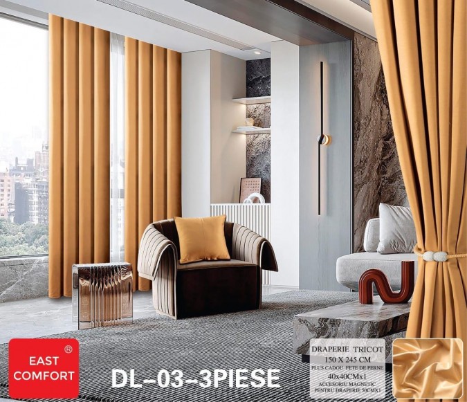 Draperie din Tercot Luxury  cu inele încastrate  East Confort 150x245cm  cu Șnur Magnetic și Față de Pernă Decorativă – Calitate Premium pentru Confortul Tău  Mustar