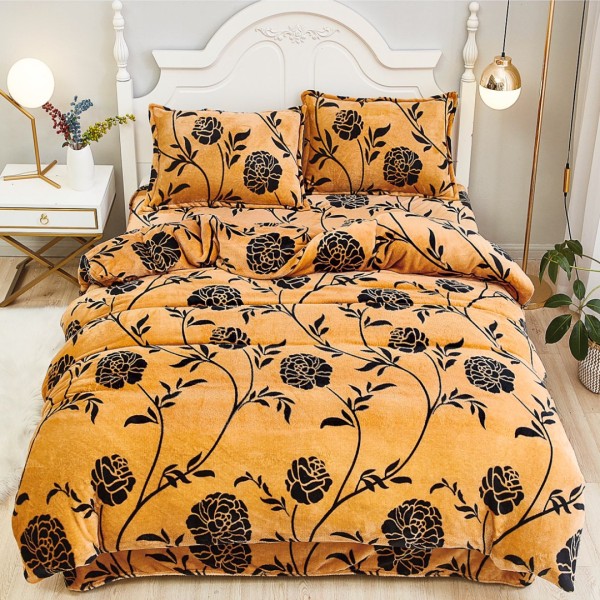 Lenjerie pentru Pat Dublu, Cocolino Premium, 4 Piese – Plușată, Groasă, și Călduroasă, Ideală pentru Iarnă –  Confort Maxim, Antișifonare, Mustar, flori [1]