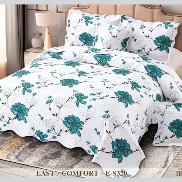 Cuvertura matlasata 230x250cm si 4 fete de perna, Bumbac, Alb, Turquoise, flori [1]