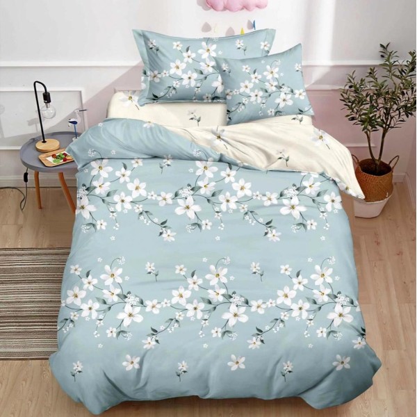 Lenjerie pat 140x200cm,  FINET, 4 piese, cu ELASTIC, Bleu, flori [1]
