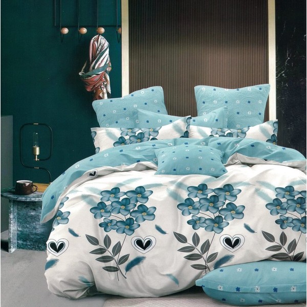 Lenjerie pat dublu,  FINET, 6 piese, cu ELASTIC, Bleu, flori, inimioare [1]