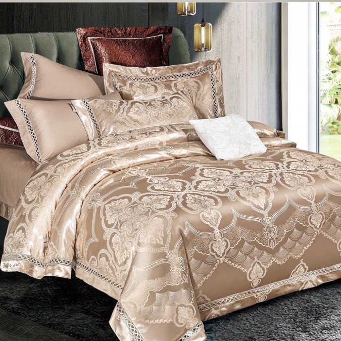 Lenjerie de Pat Dublu, Jacquard Premium Satinat, Set 6 Piese, Calitate Superioară, Luciu Elegant și Confort Desăvârșit, Cappuccino