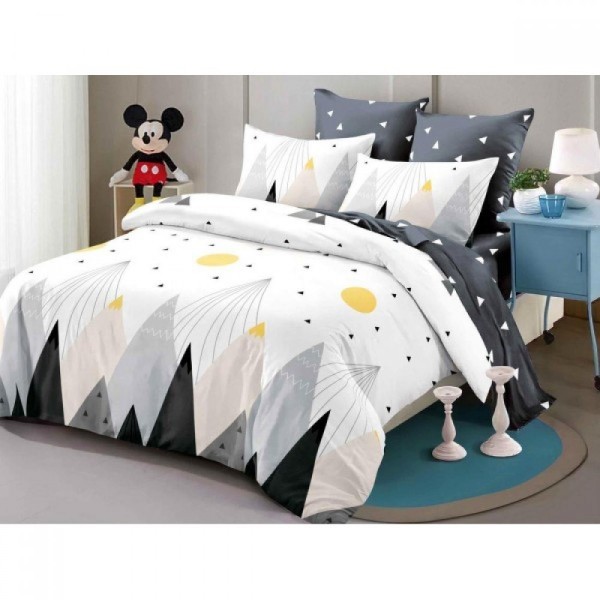 Lenjerie pat dublu,  FINET, cu elastic, 6 piese, Alb, Gri, Munti, Abstract [1]