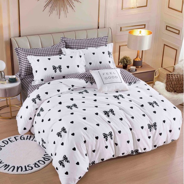Lenjerie pat dublu,  FINET, 6 piese, Jojo Home, Alb-Negru, inimioare, fundite [1]