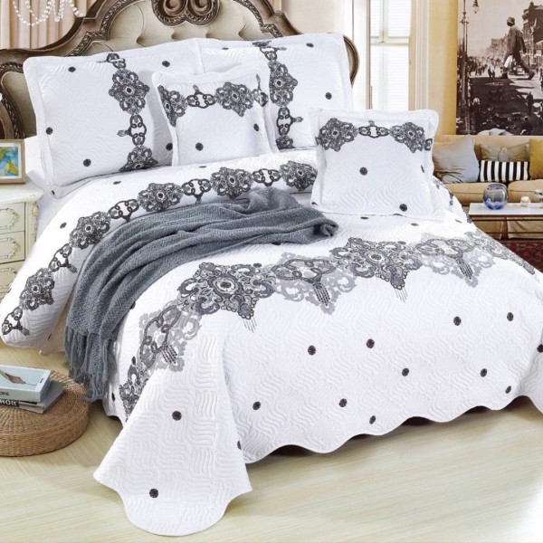 Cuvertura matlasata 230x250cm si 4 fete de perna, Bumbac, Alb, Negru, model elegant, buline [1]