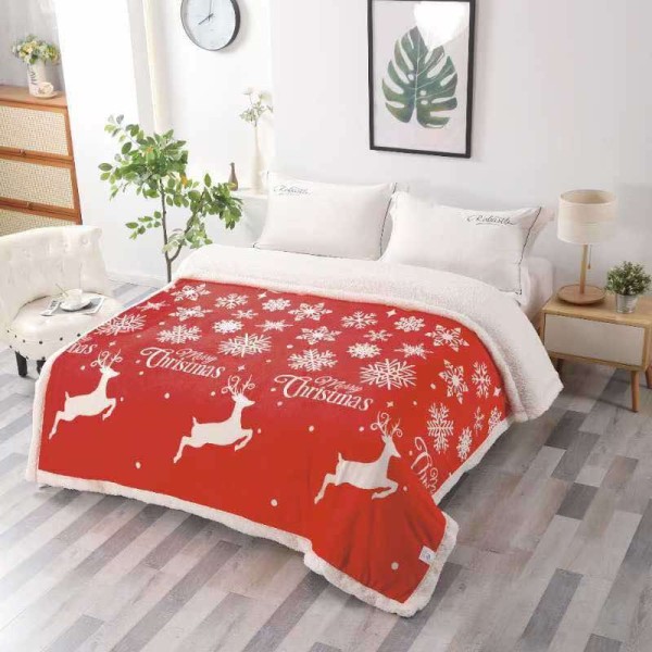 Patura pufoasa cocolino, cu BLANITA, 200x230cm, Craciun, Rosu, Alb, Merry Christmas, reni, fulgi de nea [1]
