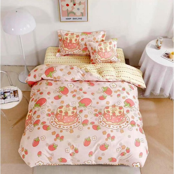 Lenjerie pat 140x200cm,  FINET, 4 piese, cu ELASTIC, Roz, flori, capsuni [1]