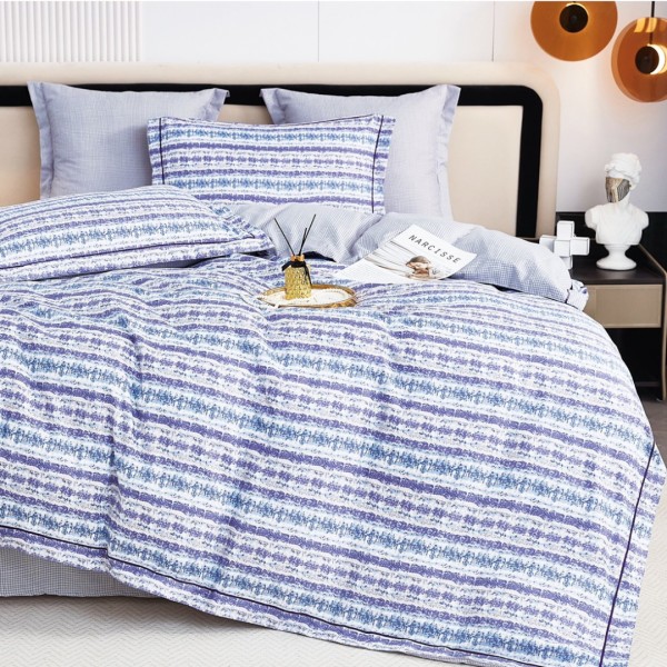 Lenjerie de Pat Dublu, Super Premium,  Finet Ranforsat, 6 Piese, Ambalat în Cutie de Lux, Bleu, Lila, dungi [1]