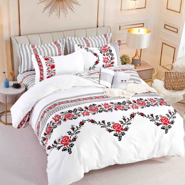 Lenjerie pat 1 PERSOANA,  FINET, 4 piese, Jojo Home, Alb, Roșu, Negru, Model Traditional [1]