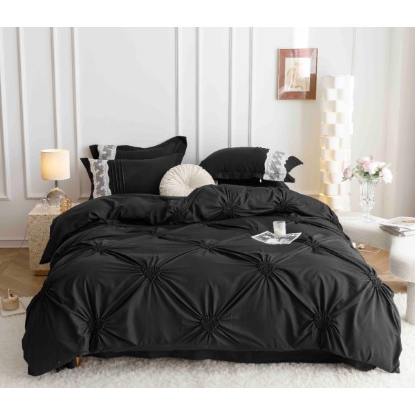 Lenjerie de Pat Premium, JOJO HOME, Finet Soft Touch, cu Inimioare din Pliuri Brodate, si Dantela Delicata, 6 Piese, Nesifonabilă și Durabilă, Negru [1]