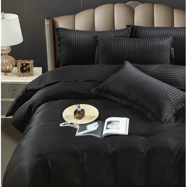 Lenjerie HoReCa, pat dublu, Damasc Finetat Deluxe cu Elastic, 6 piese, Jojo Home, Negru [1]