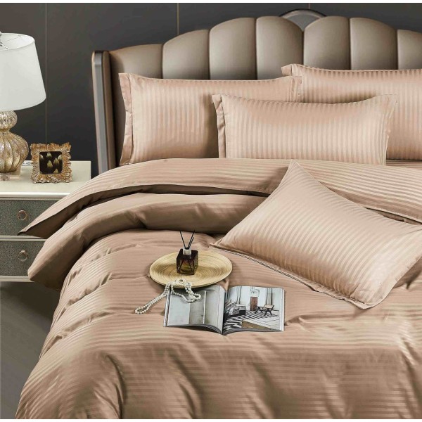 Lenjerie HoReCa, pat dublu, Damasc Finetat Deluxe cu Elastic, 6 piese, Jojo Home, Cappuccino [1]
