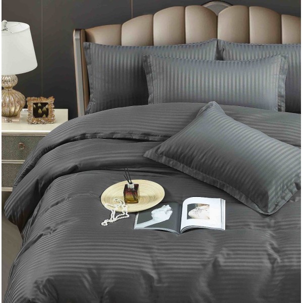 Lenjerie HoReCa, pat dublu, Damasc Finetat Deluxe cu Elastic, 6 piese, Jojo Home, Gri Antracit [1]