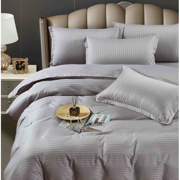 Lenjerie HoReCa, pat dublu, Damasc Finetat Deluxe cu Elastic, 6 piese, Jojo Home, Gri [1]