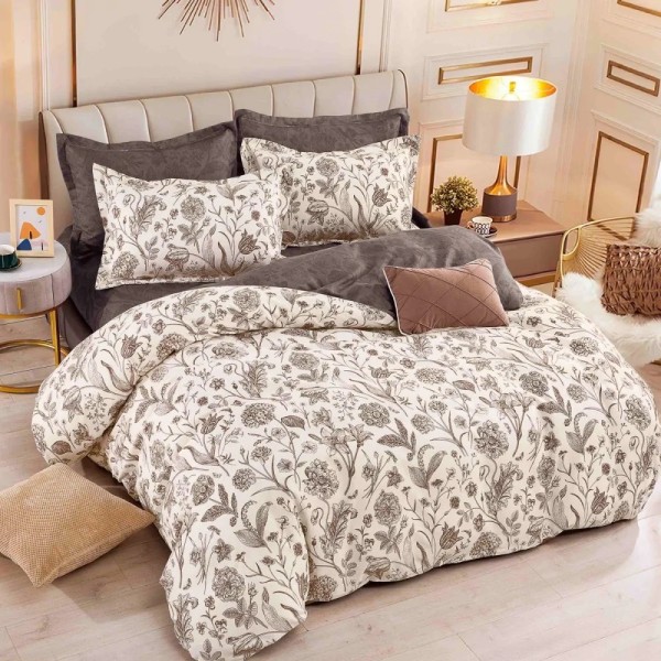 Lenjerie pat dublu, FINET, 6 piese, cu ELASTIC, Jojo Home, Crem, Maro, flori [1]