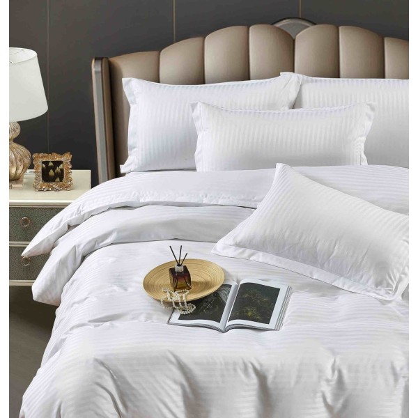 Lenjerie HoReCa, pat dublu, Damasc Finetat Deluxe cu Elastic, 6 piese, Jojo Home, Alb [1]
