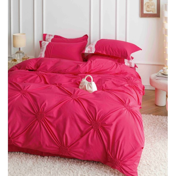 Lenjerie de Pat Premium, JOJO HOME, Finet Soft Touch, cu Inimioare din Pliuri Brodate, si Dantela Delicata, 6 Piese, Nesifonabilă și Durabilă, Fuchsya [1]