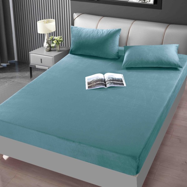 Cearsaf cu elastic, Catifea, 160/180x200cm, 2 fete de perne 50x70cm, Jojo Home, Bleu [1]