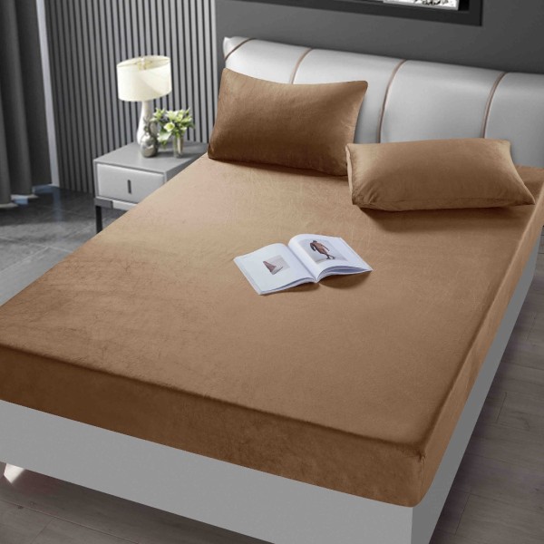 Cearsaf cu elastic, Catifea, 160/180x200cm, 2 fete de perne 50x70cm, Jojo Home, Maro [1]