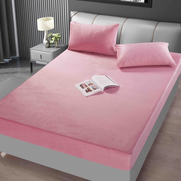 Cearsaf cu elastic, Catifea, 160/180x200cm, 2 fete de perne 50x70cm, Jojo Home, Roz [1]
