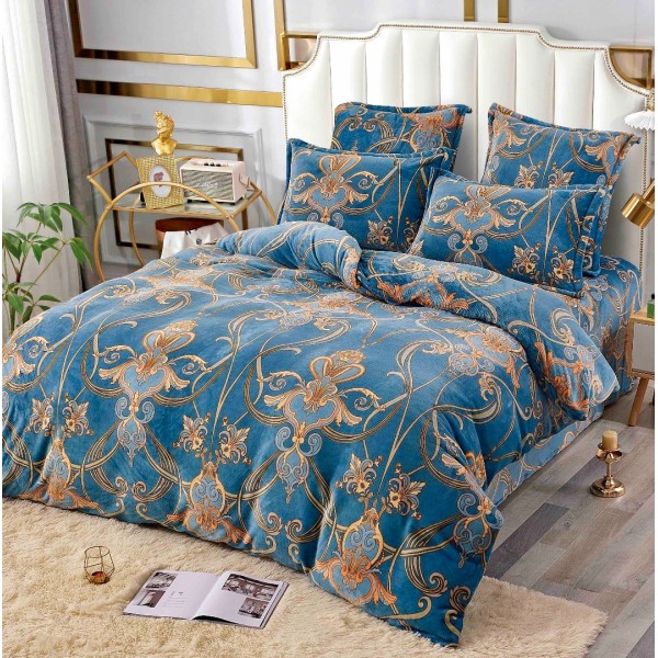 Lenjerie pat dublu, Super Pufoasa COCOLINO, 6 piese, Jojo Home, Turquoise-Bej, model elegant [1]