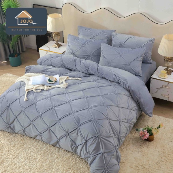 Lenjerie pat dublu, Catifea Deluxe, cu pliuri brodate, 4 piese, Jojo Home, Gri [1]