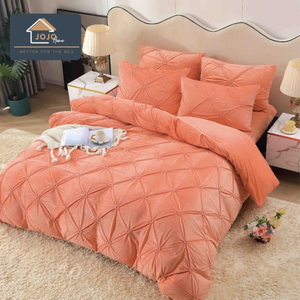 Lenjerie pat dublu, Catifea Deluxe, cu pliuri brodate, 4 piese, Jojo Home, Somon [1]