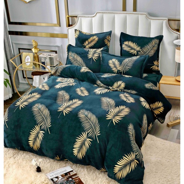 Lenjerie pat dublu, Super Pufoasa COCOLINO, 6 piese, Jojo Home, Verde, Bej, Frunze [1]