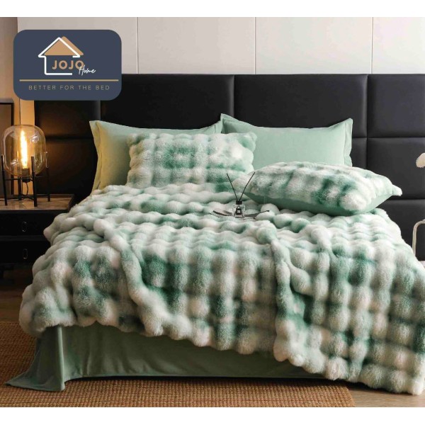 Lenjerie Luxury Pat Dublu, Jojo Home, ExtraPufoasa, din Blanita Artificiala tip Iepure, 6 piese, Menta degrade [1]