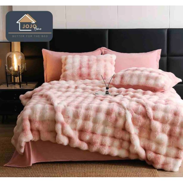 Lenjerie Luxury Pat Dublu, Jojo Home, ExtraPufoasa, din Blanita Artificiala tip Iepure, 6 piese, Roz degrade [1]