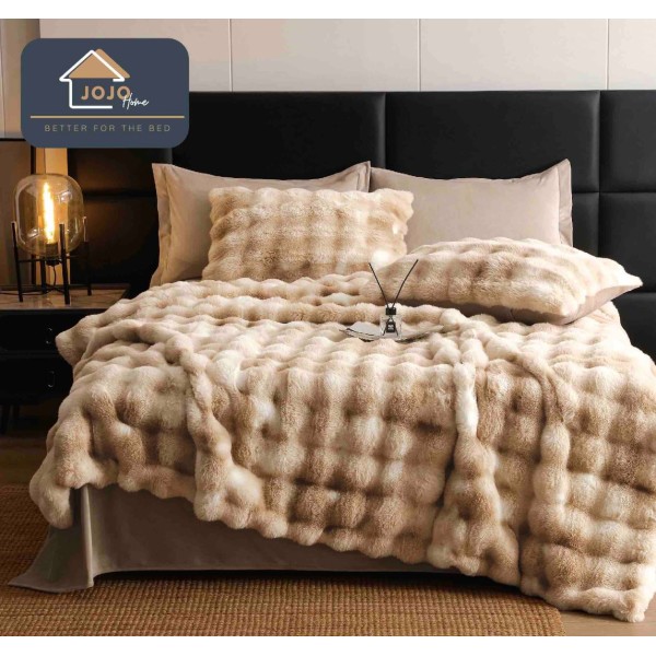 Lenjerie Luxury Pat Dublu, Jojo Home, ExtraPufoasa, din Blanita Artificiala tip Iepure, 6 piese, Bej degrade [1]