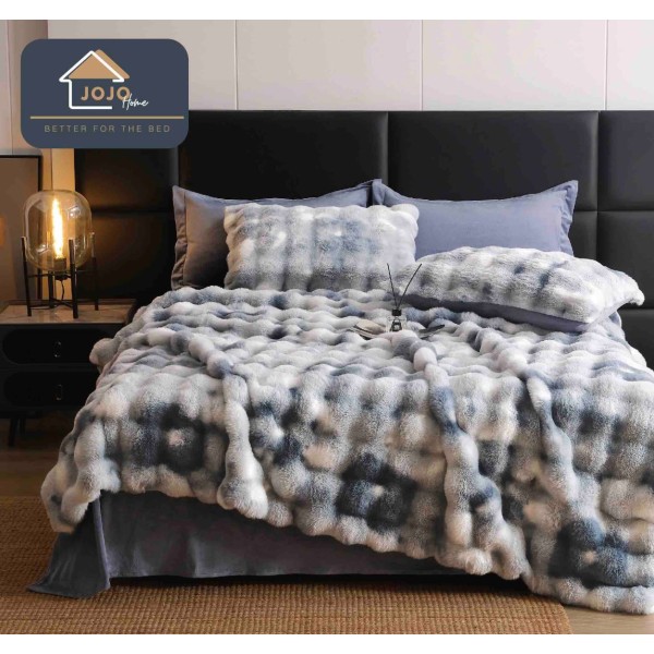 Lenjerie Luxury Pat Dublu, Jojo Home, ExtraPufoasa, din Blanita Artificiala tip Iepure, 6 piese, Gri Albastru, degrade [1]