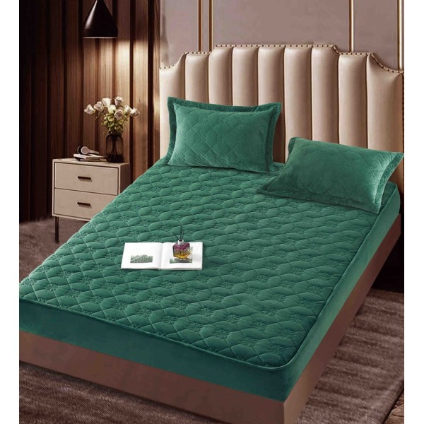 Husã matlasatã tip topper din catifea, 140x200cm + 2 fete de perna 50x70cm, Verde [1]