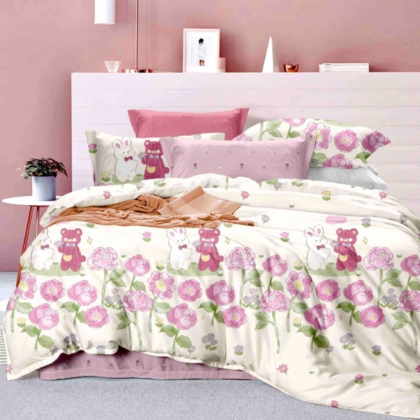Lenjerie pat 1 PERSOANA,  FINET, 4 piese, Jojo Home, Crem, Roz, Flori [1]