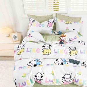 Lenjerie pat 1 PERSOANA,  FINET, 4 piese, Jojo Home, Alb, Vernil, Cățeluși, Litere