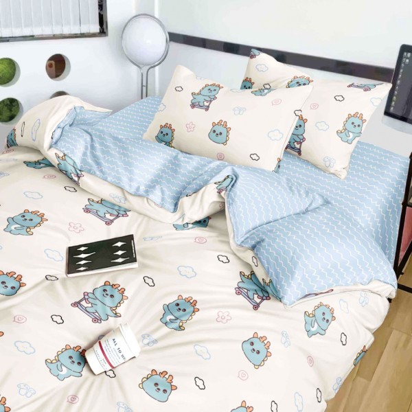 Lenjerie pat 1 PERSOANA,  FINET, 4 piese, Jojo Home, Crem, Bleu, Dinozauri [1]