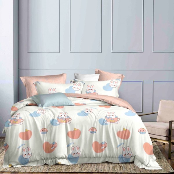 Lenjerie pat 1 PERSOANA,  FINET, 4 piese, Jojo Home, Crem, Roz, Inimioare, Iepurasi [1]